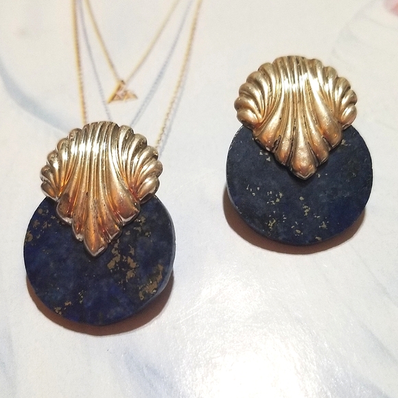 Art Deco Lapis Lazuli Sterling Silver Shell Motif Earrings - Picture 4 of 5